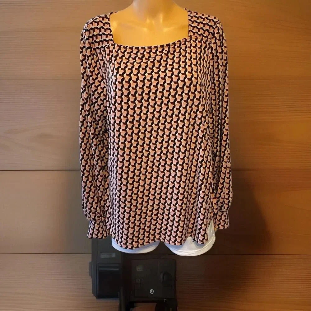 Adrianna Papell Women XL Pink Black White Geometric Balloon Sleeve Blouse Casual